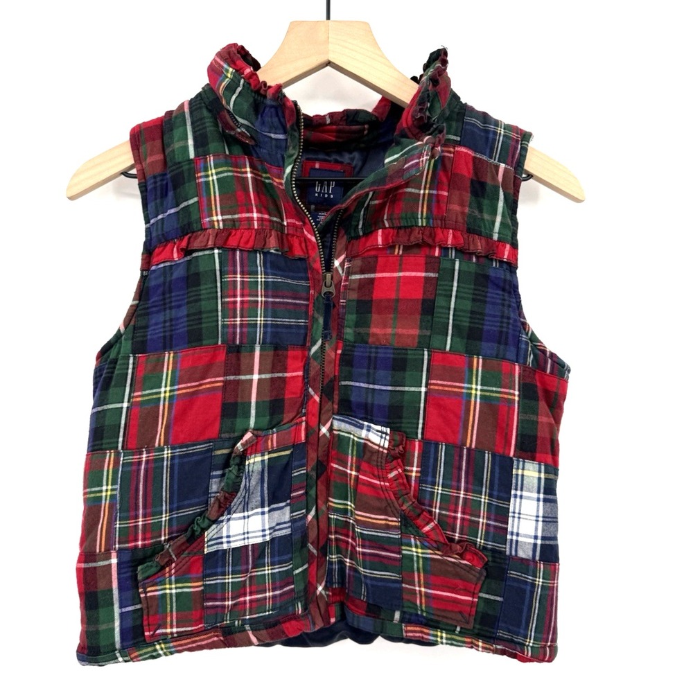 Gap Vest‎ Girls XXL Red Green Plaid Patchwork Zip Insulated Holiday Christmas